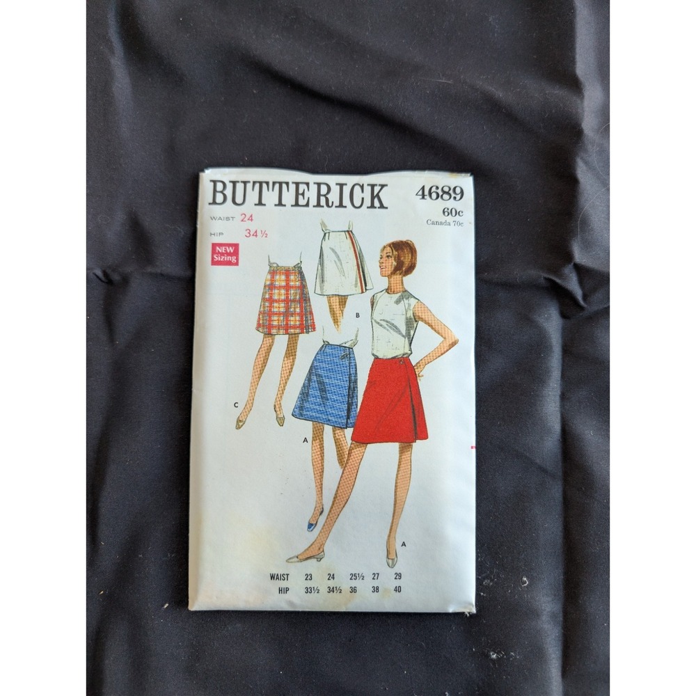 VTG 1968 Butterick 4689 Uncut Mod A-Line Wrap Skirt Pattern Waist 24 Hip 34.5